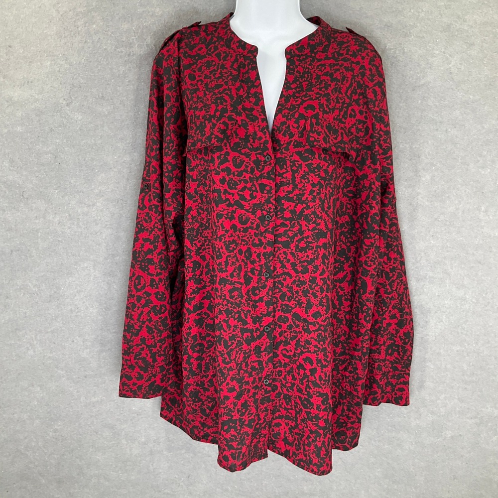 Calvin Klein Top‎ Womens 2X Red Black Abstract Print Buttons Long Sleeve Shirt